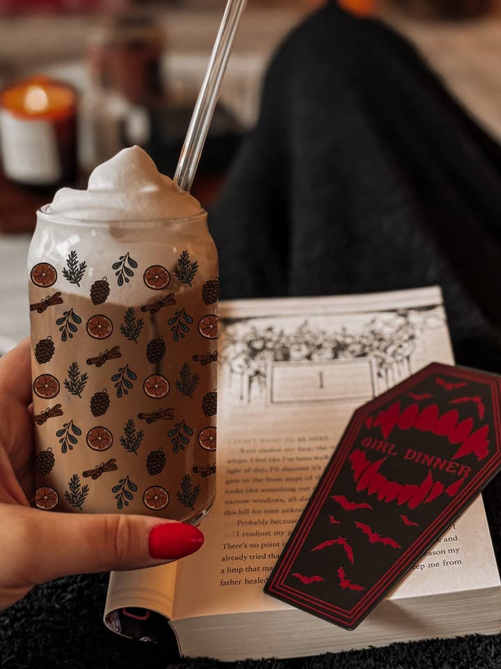 Winter Pine Sipper Glass for wholesale by Shadowbound Spines LLC