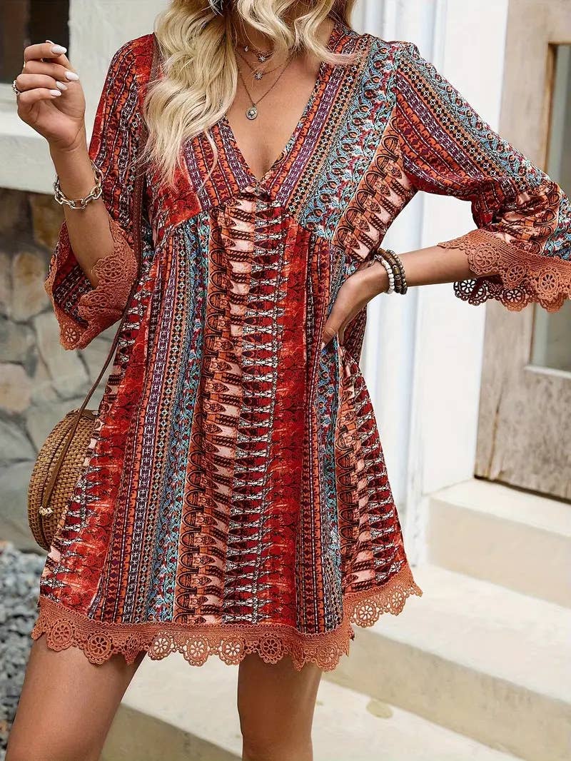 Rosa Clothing - Wholesale Dress - Women's - Bohemian Chic V-Neck Striped Print Lace Trim Dress2