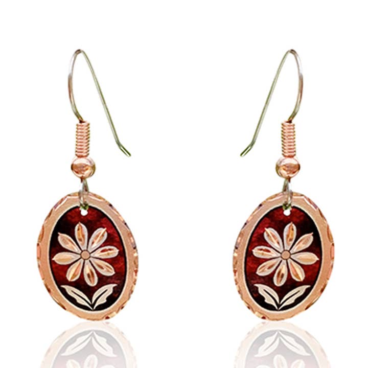 F 18 Red daisy flower oval shape earrings for wholesale by COPPER ARTS INC.