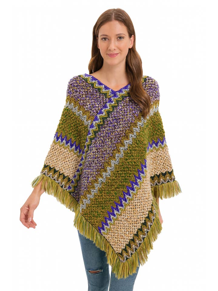 Fennco Styles - Wholesale Poncho - Women's - Green Striped Knit Tassel Pullover Poncho Sweater1