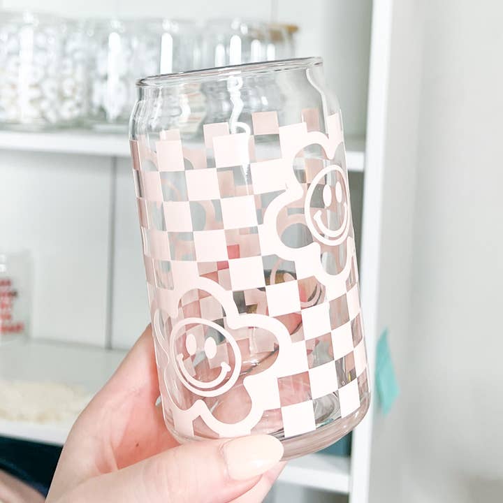 Olivia Jean Boutique - Wholesale Drinking Glass/Cup - Happy Daisy Checkered Glass Can Cup0