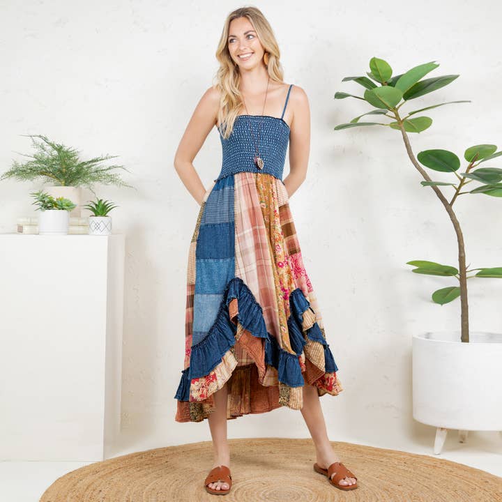 Young Threads - Wholesale Dress - Women's - Ruffled Midi Dress with Denim Inserts