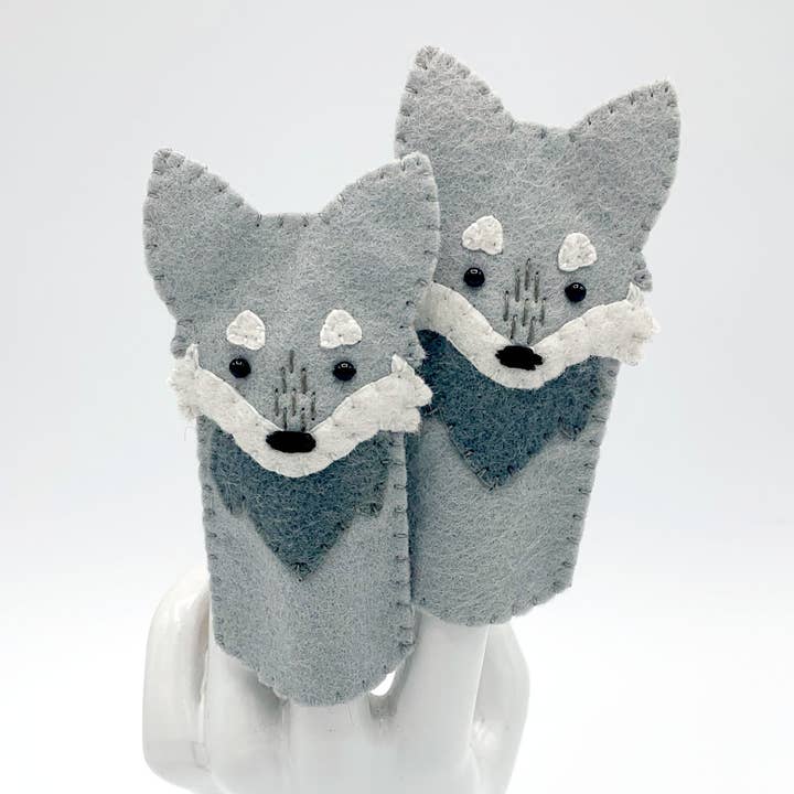 Gray Wolf Felt Finger Puppet for wholesale by Lumpy Buttons