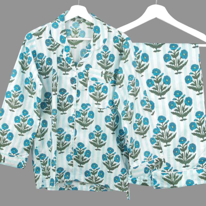 Long Cotton PJ Set With Pouch - Blue Bloom Stripe for wholesale by Kantha Decor