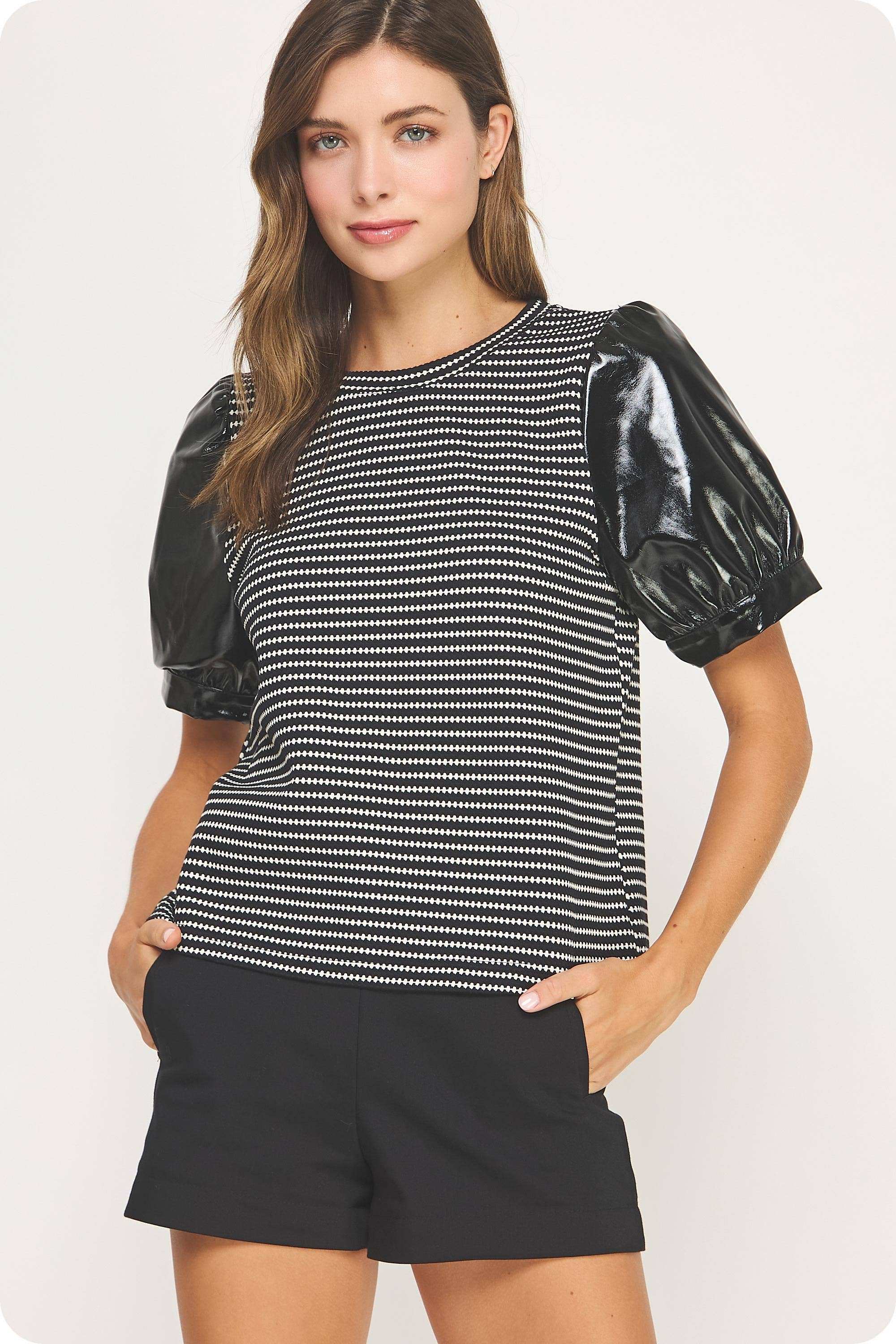 Strut & Bolt - Wholesale Blouse - Women's - Faux Leather Sleeve Texture Knit Tee Top13