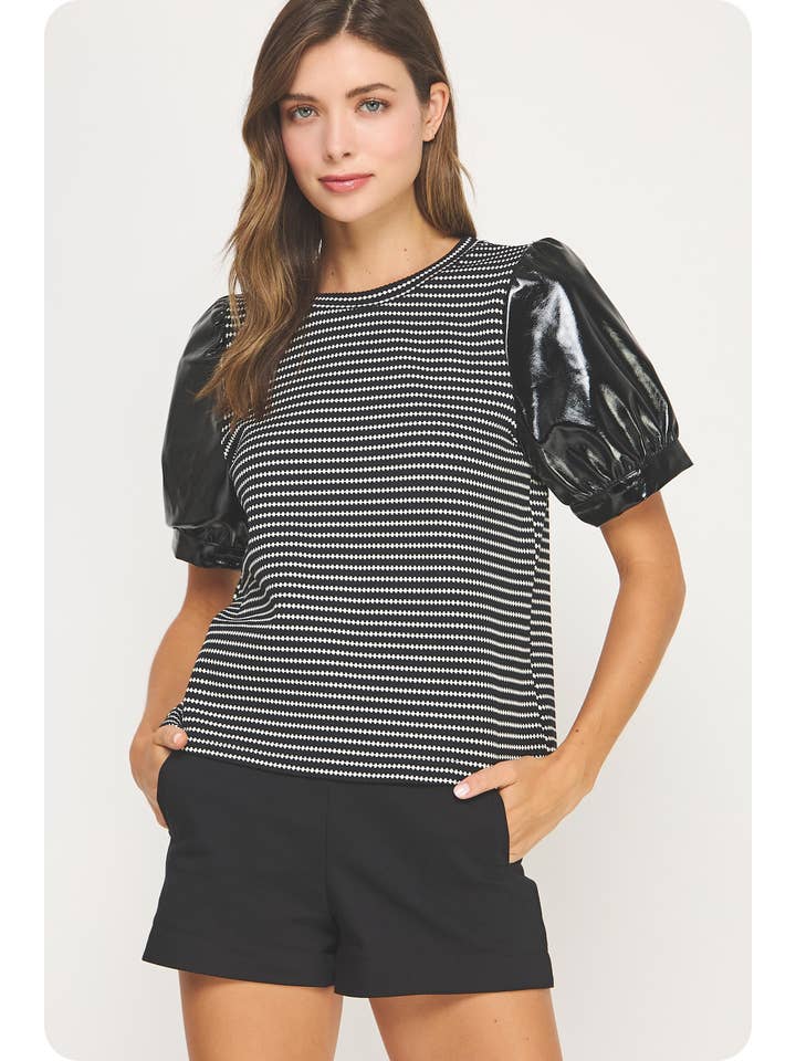 Strut & Bolt - Wholesale Blouse - Women's - Faux Leather Sleeve Texture Knit Tee Top13