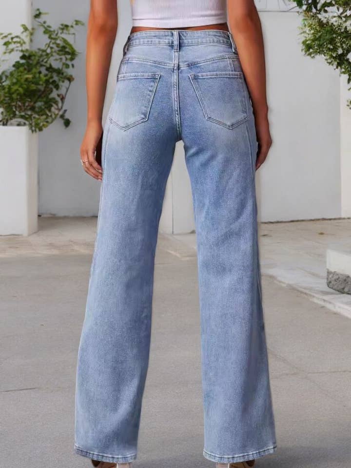 Blue Women's High Waist Wide Leg Jeans with Seaming Detail for wholesale on Faire4