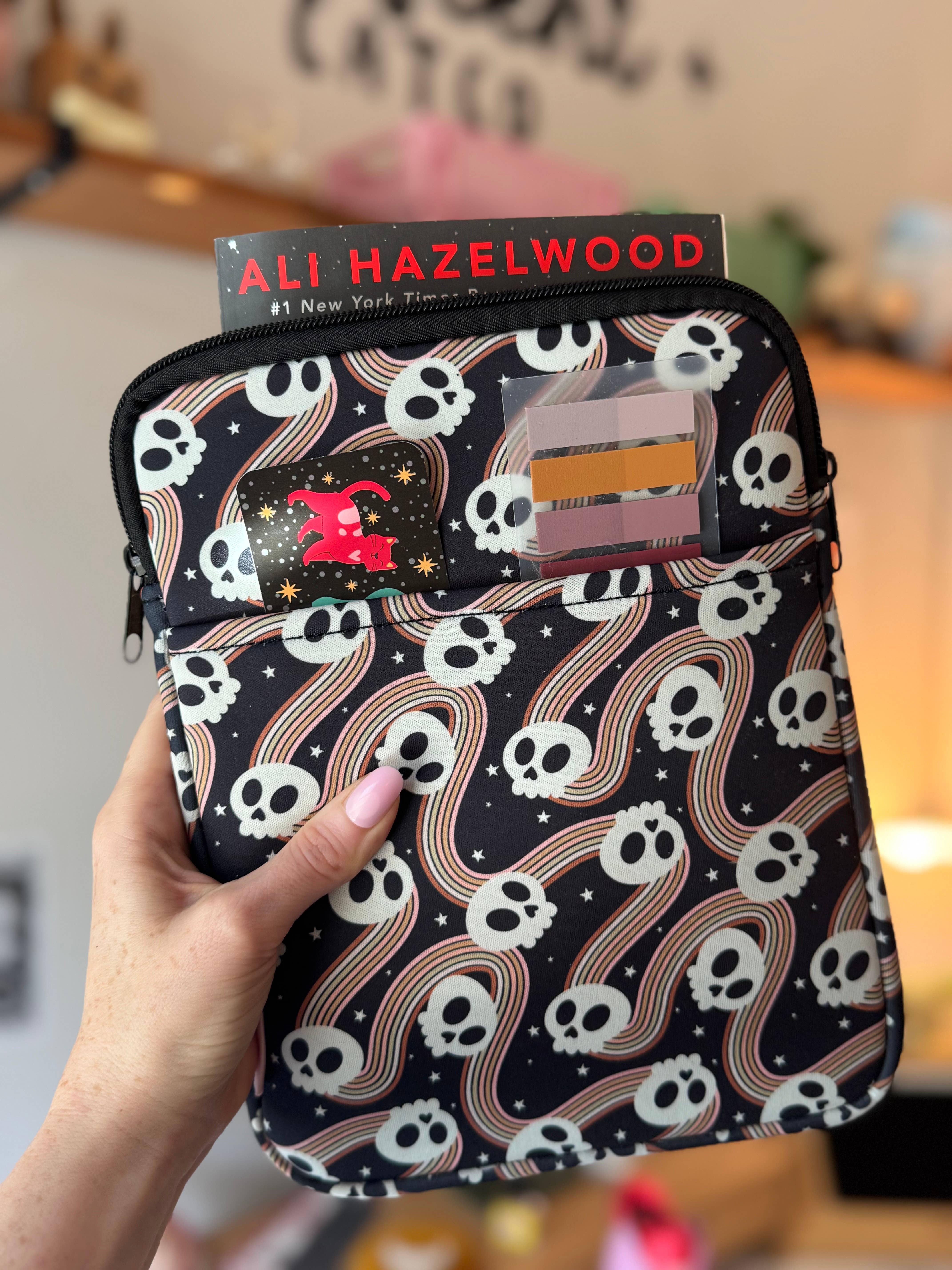 CrescentCatCo - Wholesale Book Cover - Spooky Cute Skull Book & Kindle Pouch, Zipper & Pocket 1