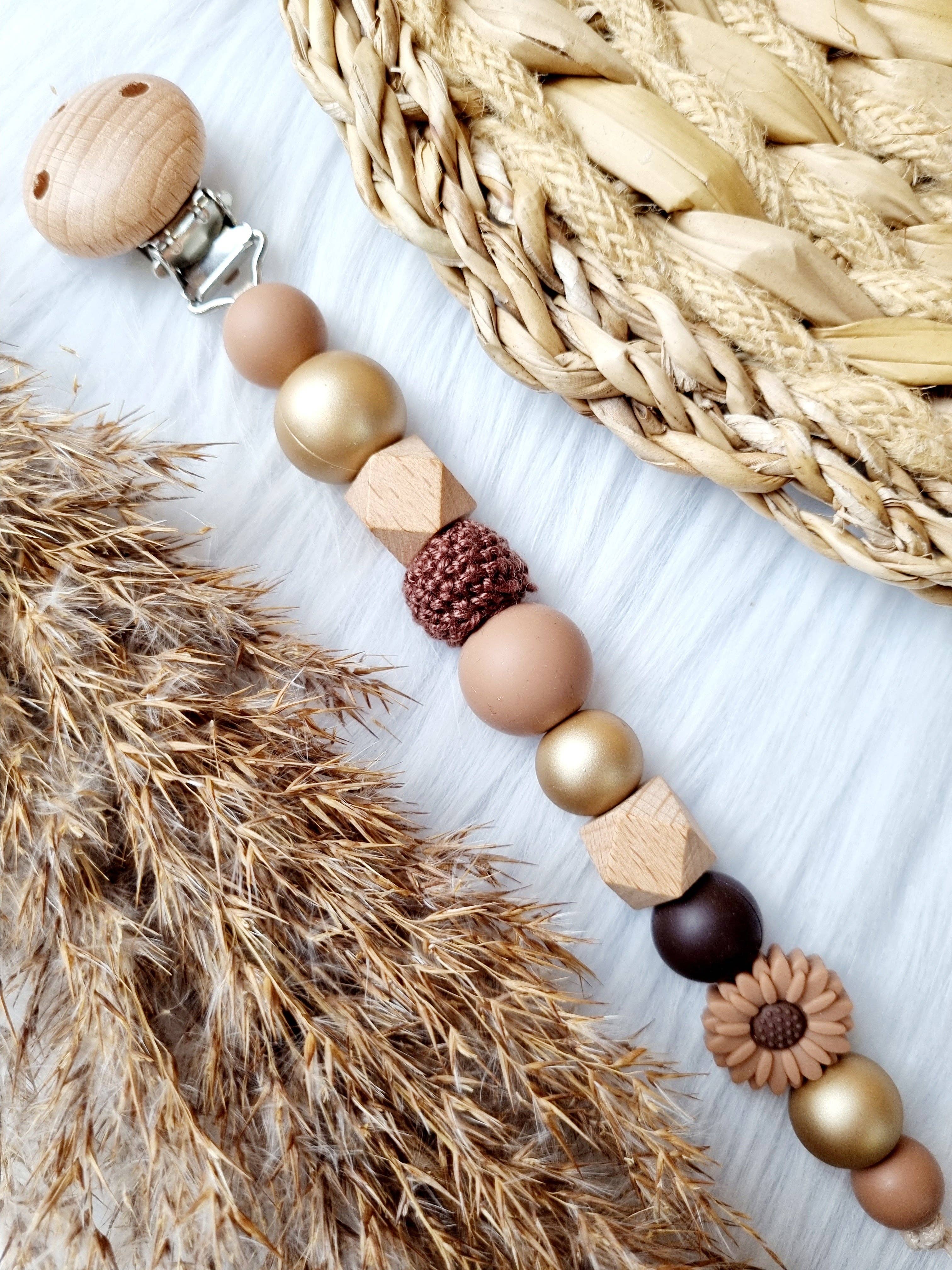 Happy by Lies - Wholesale Pacifier Clip - Baby - Speenkoord met naam - Daisy bruin, metallic goud, peach brons0