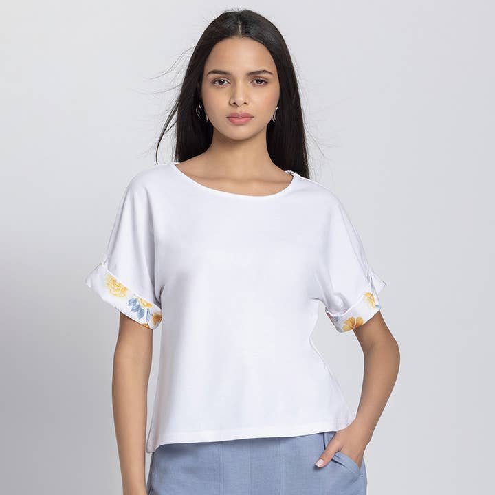 White scoop neck short drop shoulder sleeves knit t-shirt for wholesale by Benares