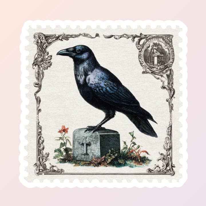 Autocollants de timbres vintage corbeau, autocollant d'Halloween automnal pour la vente par Sorry Not Sorry Co