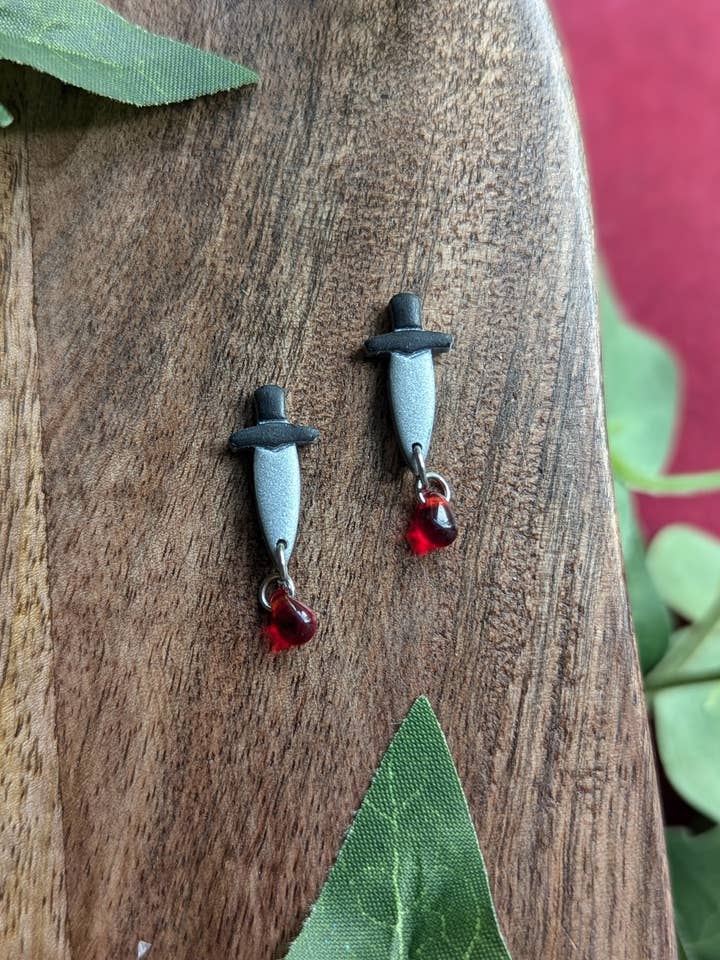 Silver Dagger Studs with Blood Drop for wholesale by The Midnight Glen