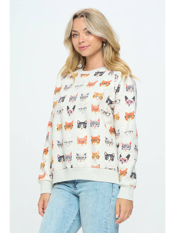 SM WARDROBE - Wholesale Sweatshirt - Women's - KITTY WITH GLASS SWEATSHIRT1