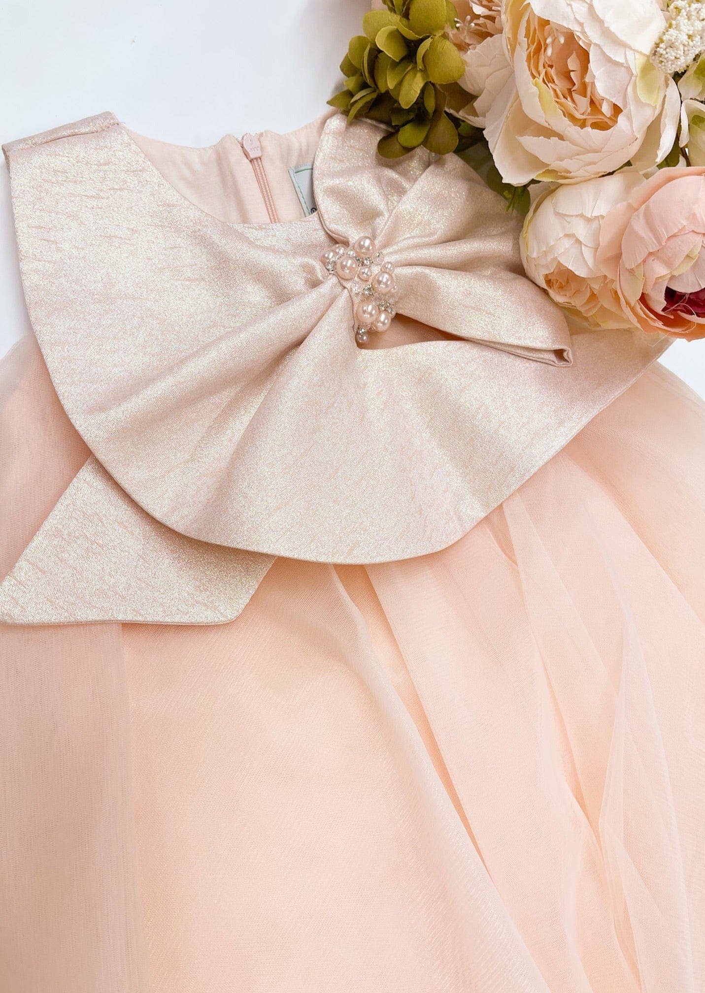 Petite Maison Kids - Vente Robe – enfant - Robe Jackie pêche en tulle à col nœud jacquard2