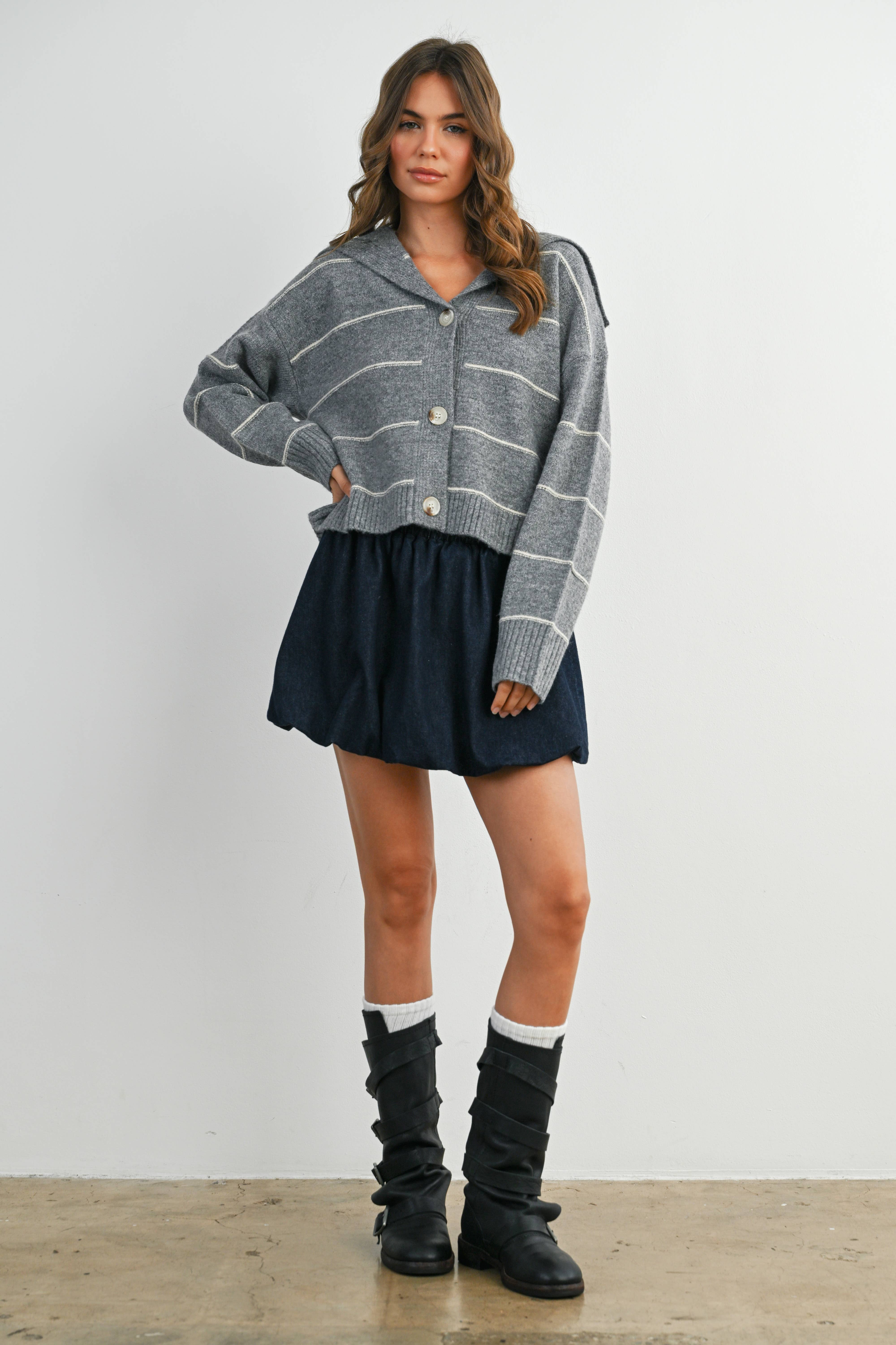 BUTTERMELON - Wholesale Knit Sweater - Women's - Button-Up Striped Collared Long Sleeve Top - BMC788322