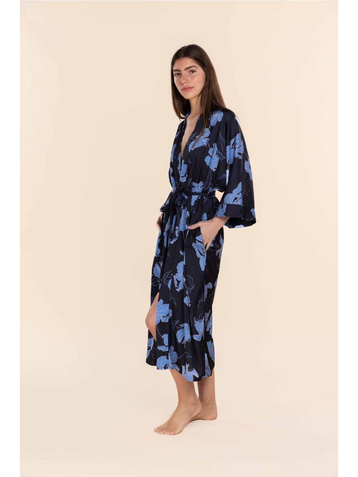 Recycled Silky Satin Long Robe - Daisy Navy Floral Print for wholesale on Faire3