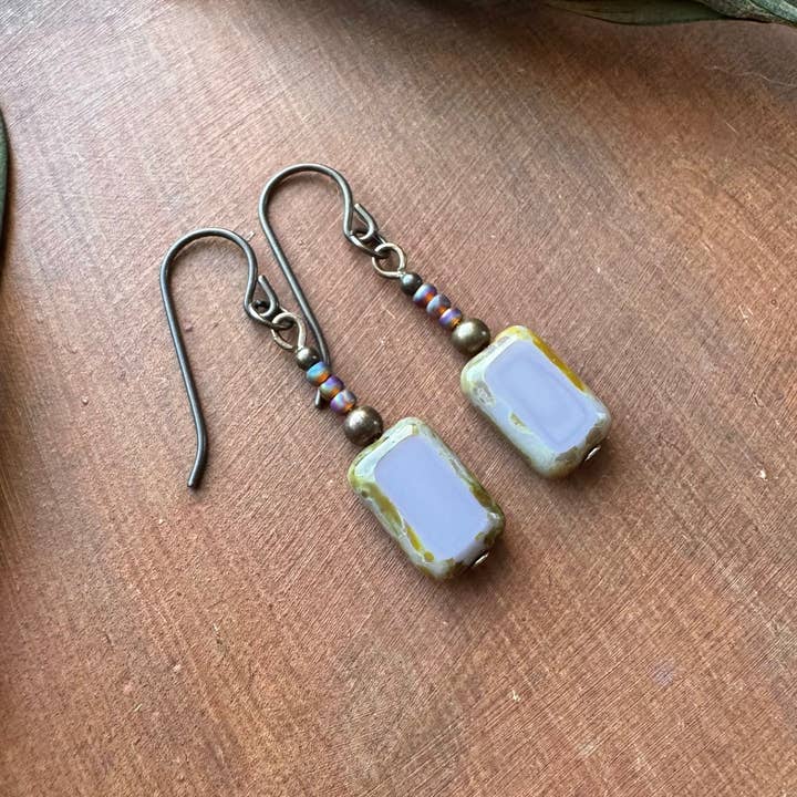 Earthy Purple Rectangle Earrings Boho Lilac Glass Tile Bead for wholesale by Vintage Earth