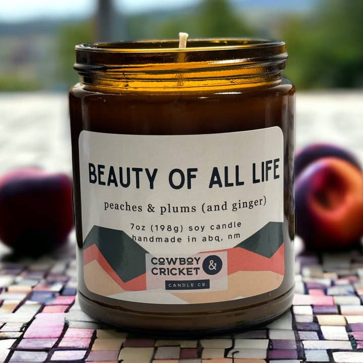 Beauty of All Life Sojalys og smelter - ferskner, blommer og ingefær - Tryllekunstnere inspireret for engroshandel hos Cowboy & Cricket Candle Co