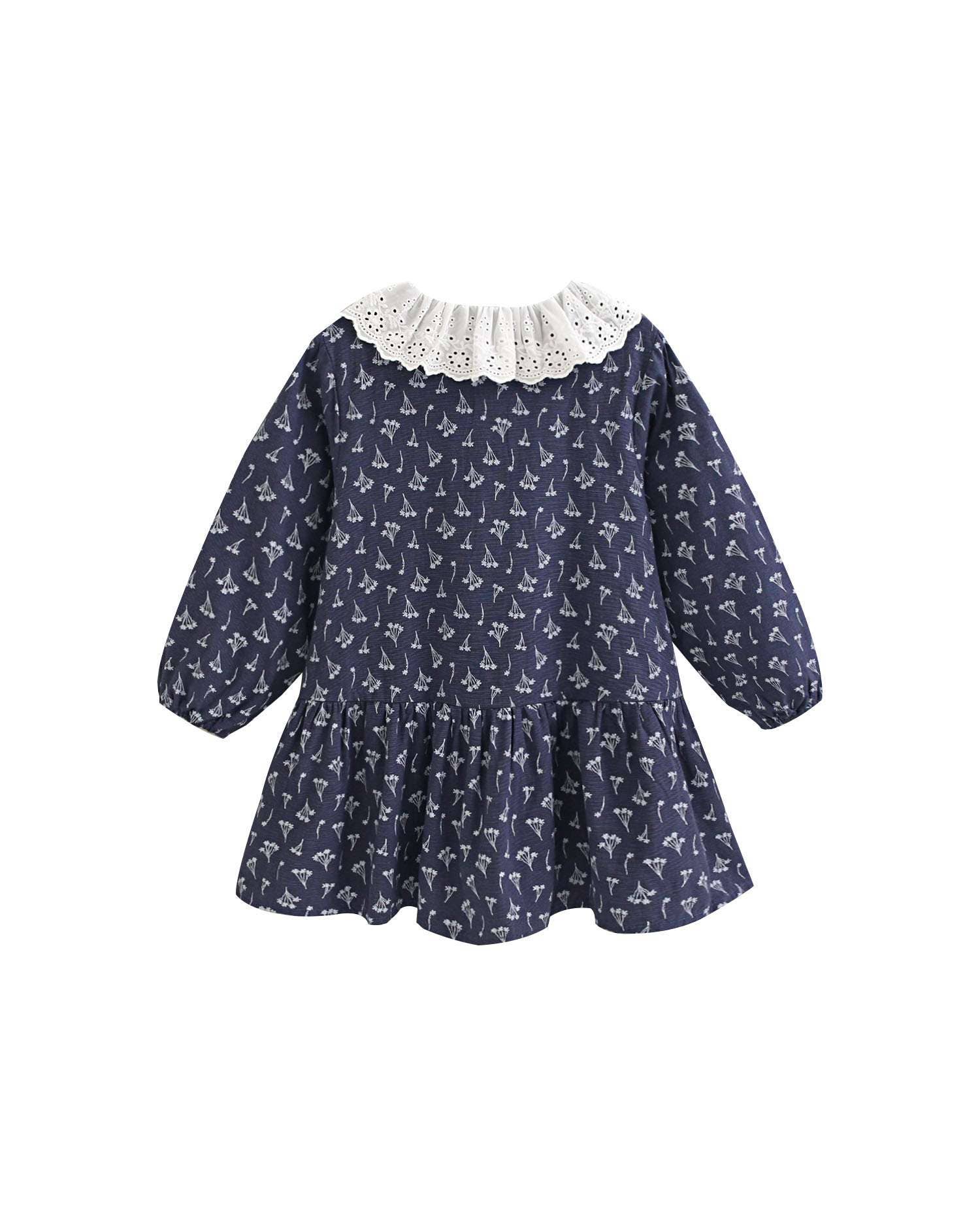 Dadati – wholesale Dress – Kids – Navy blue dress with floral print and ruffle collar0