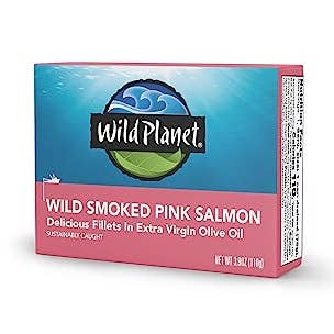 Wild Planet Wild Smoked Pink Salmon Fillets in Extra Virgin Olive Oil, Tinned Fish, Canned Salmon, Sustainably Wild-Caught, Non-GMO, Keto and Paleo, 3.9 oz, pack of 12 for wholesale by EVA Group