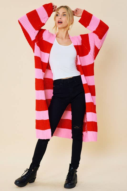 Peace Love Line - Wholesale Cardigan - Women's - STRIPED MIDI SWEATER CARDIGAN0