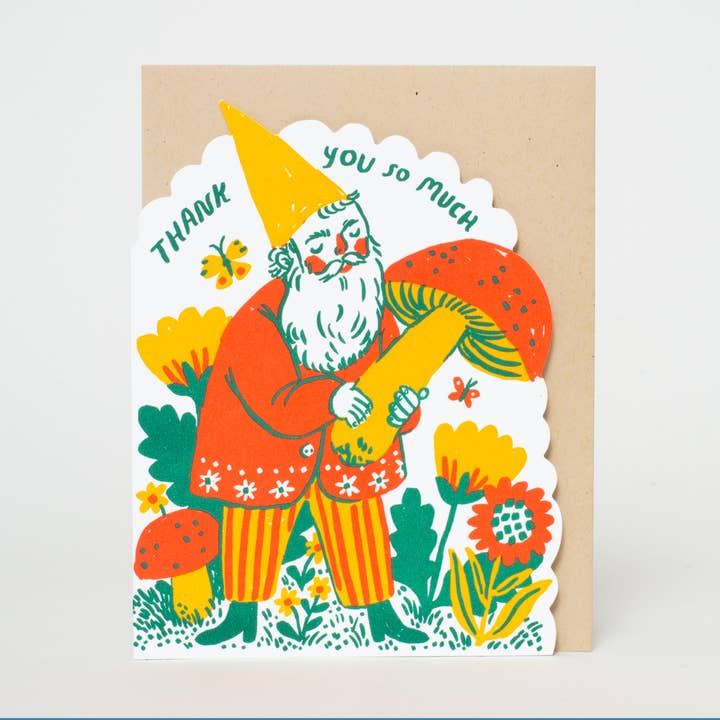 Thank You Gnome Die-cut Letterpress Greeting Card by Phoebe Wahl for wholesale by Egg Press Manufacturing