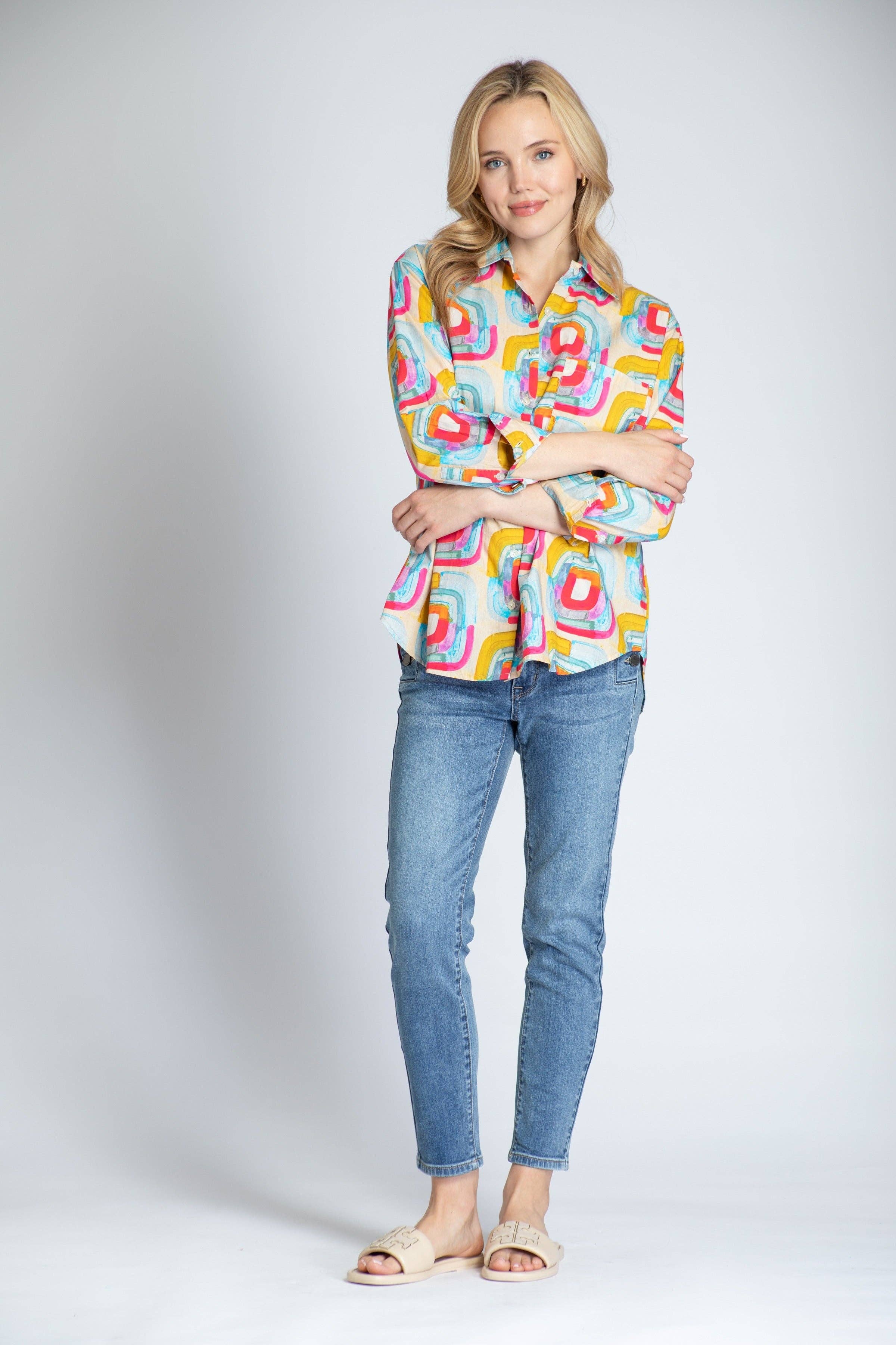 Pas de couleur Blocks Of Color Print - Chemise boutonnée Boyfriend en vente sur Faire4