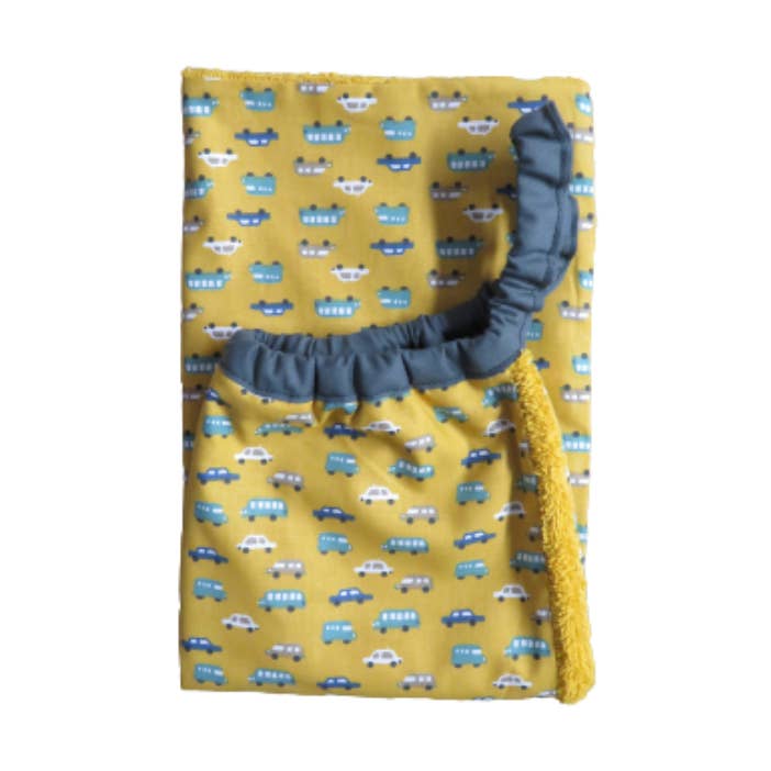 Asciugamano elastico adulto modello auto sfondo giallo per la vendita all'ingrosso da parte di Petits Pinpins