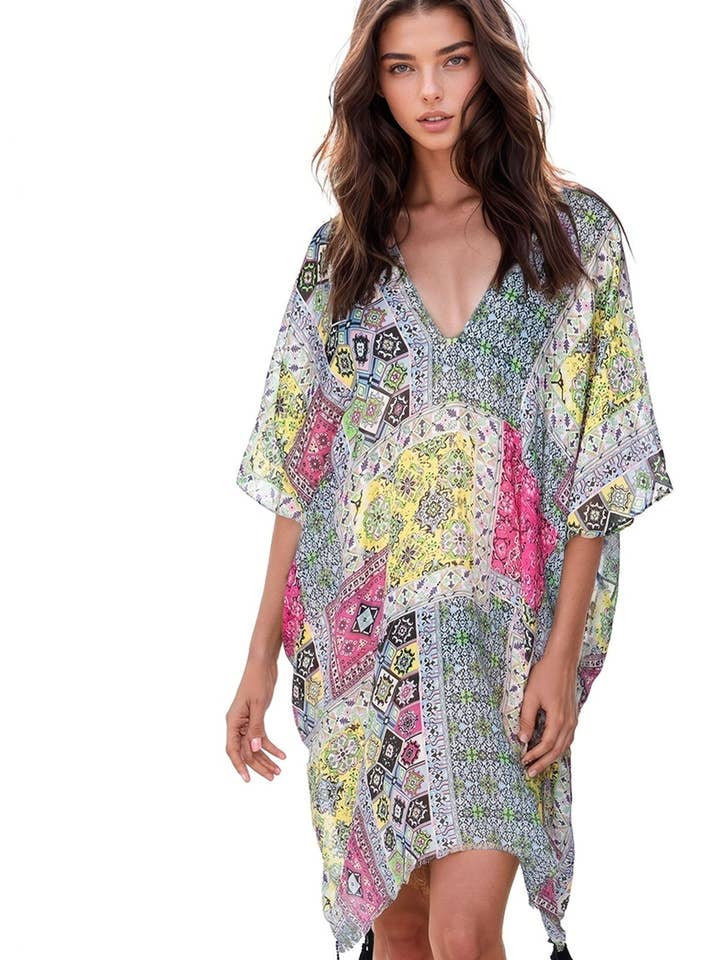 Vestito caftano con stampa estiva a V in cielo per la vendita all'ingrosso da parte di Pool to Party