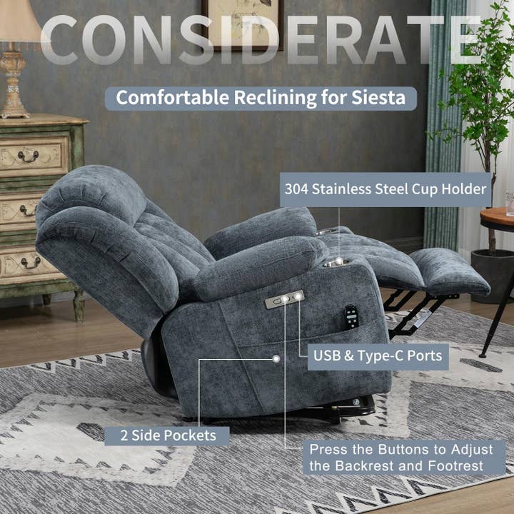 Power Lift Recliner Chair With Full Body Massage And Heat In Elegant Blue Chenille Fabric for wholesale on Faire8