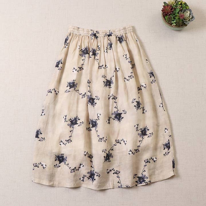Green vintage floral print cotton linen skirts for wholesale on Faire