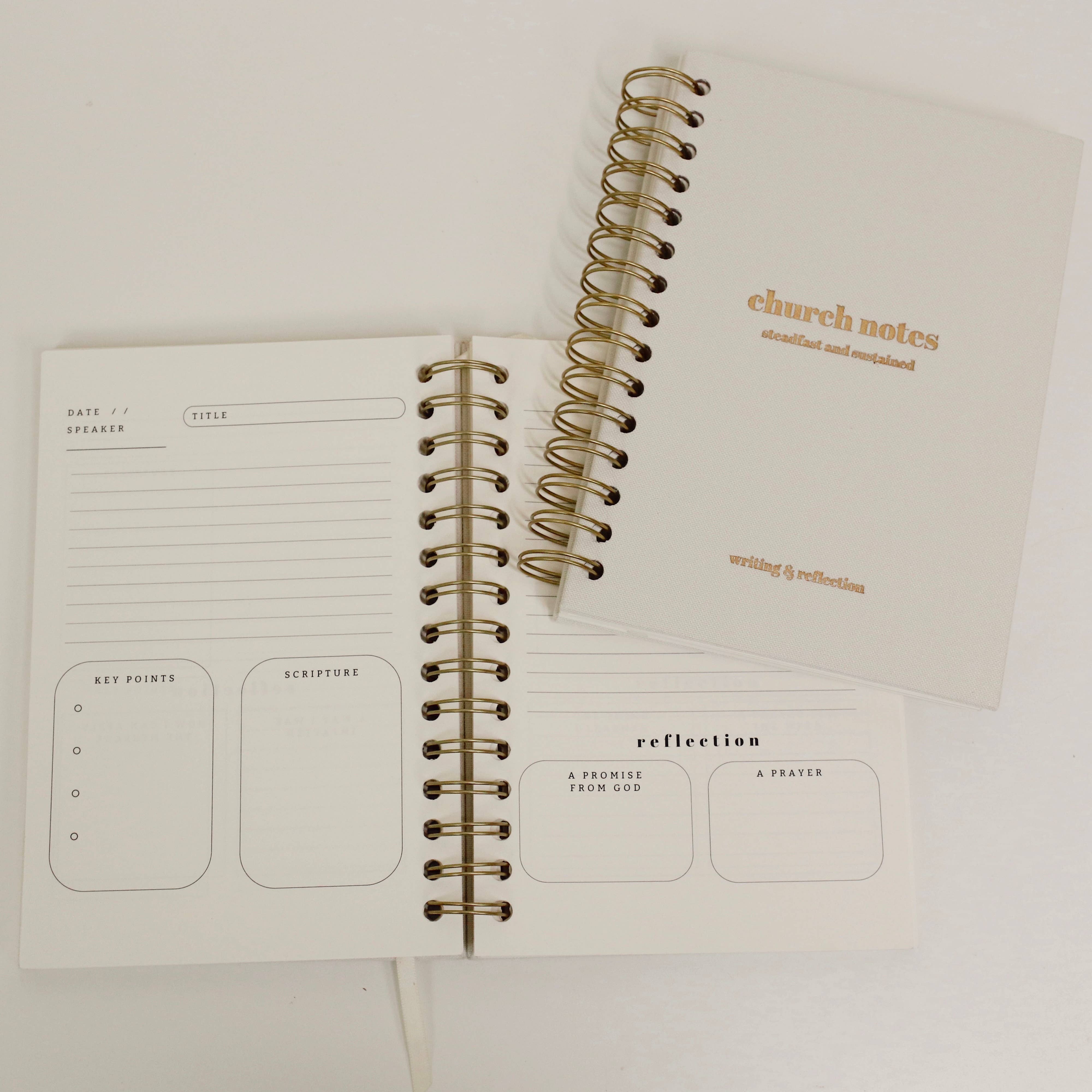 Steadfast and Sustained - Wholesale Journal/Diary - Church Notes Journal- White Spiral Linen- Christian Notebook1