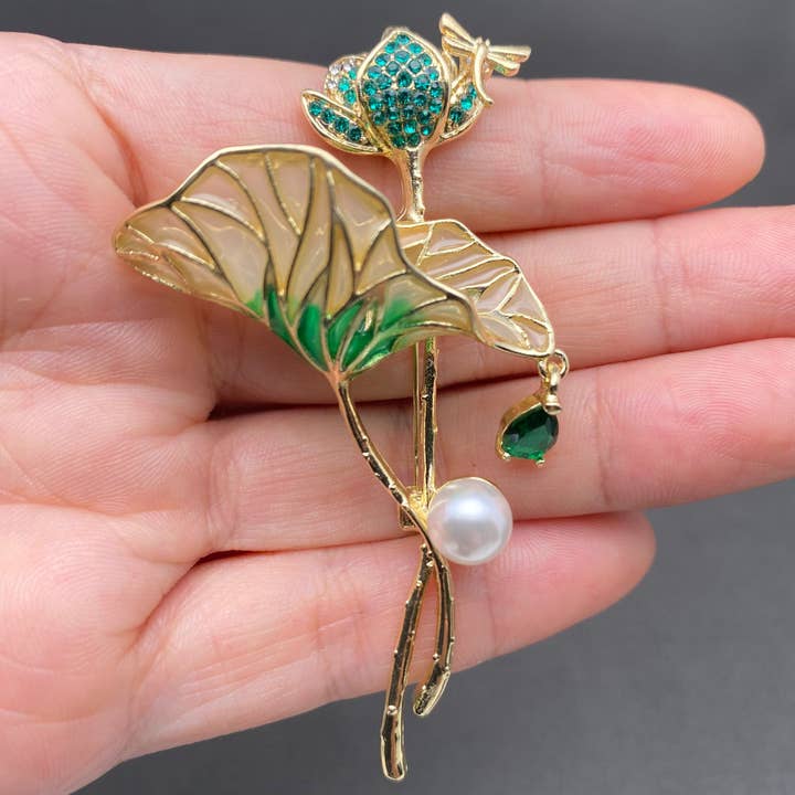 Green Enamel Lotus Brooch for wholesale by Mio Queena