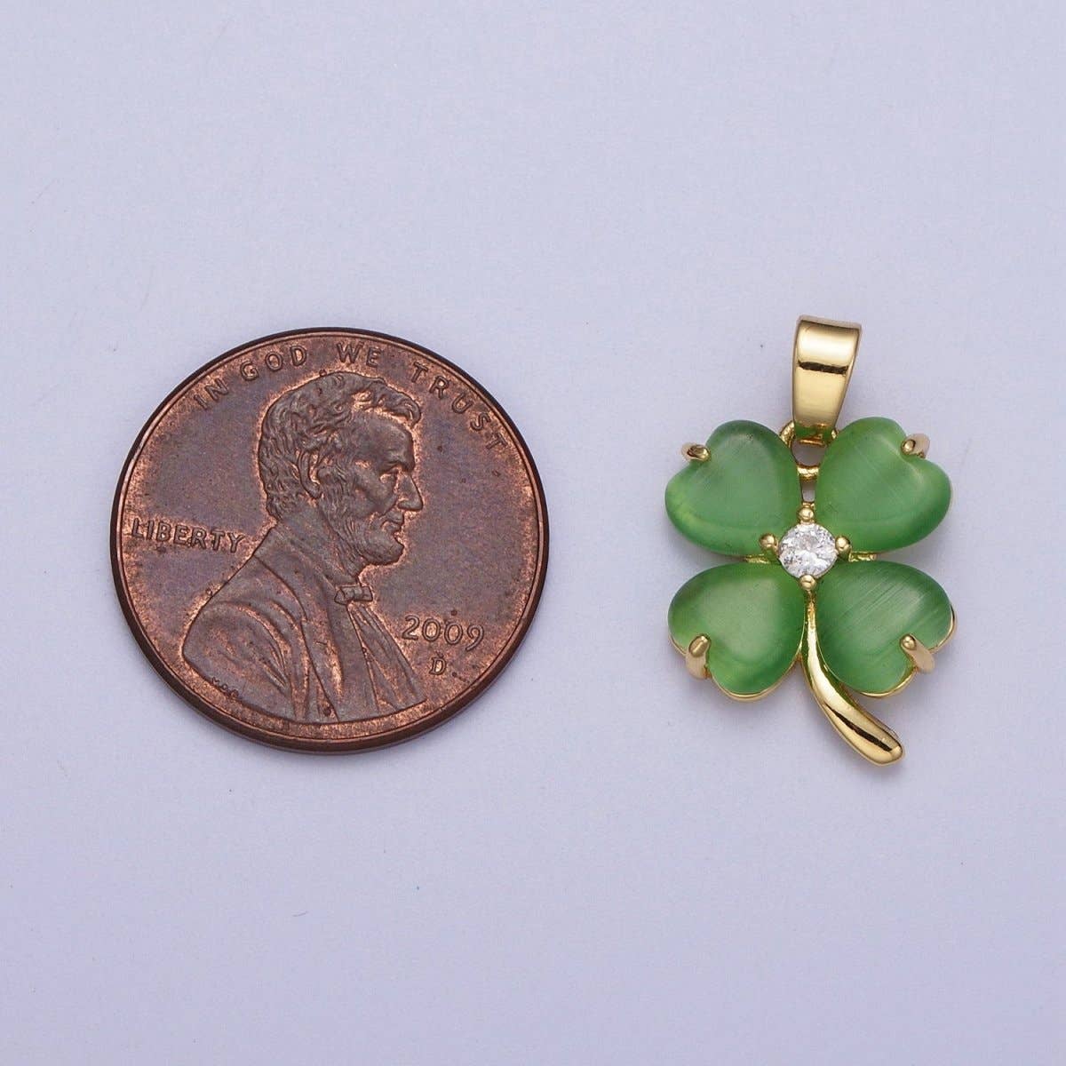 Aim Eternal - Wholesale Individual Charm/Pendant - Green Quatrefoil Lucky Clover Gold Cubic Zirconia Pendant Jewelry Component For Saint Patrick Day | X-6742