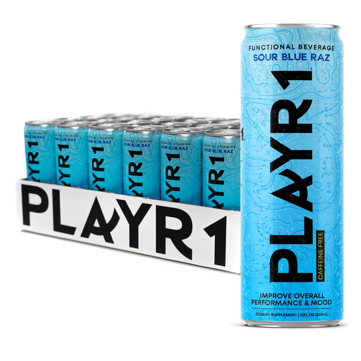 PLAYR1 Sans Caféine – Énergie Propre Saveur Framboise Bleue Acidulée (Pack de 24) pour la vente par PLAYR1