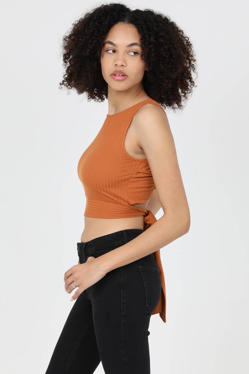 ANGIE - Wholesale Knit Top - Women's - X2DU9-ASIS RIB KNIT STRAPPY BACK TIE WAIST TOP3