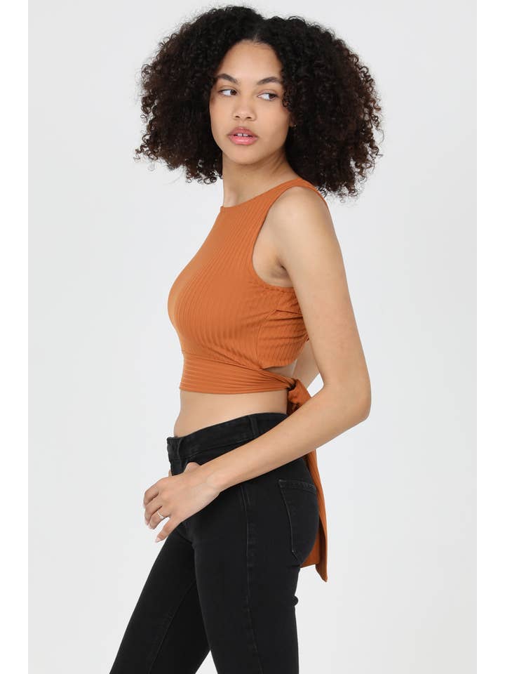 ANGIE - Wholesale Knit Top - Women's - X2DU9-ASIS RIB KNIT STRAPPY BACK TIE WAIST TOP3