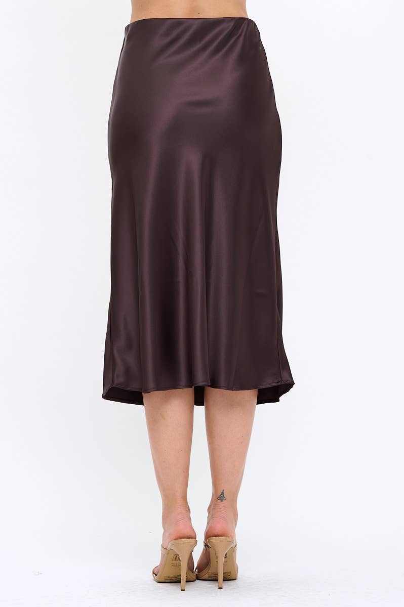 Brown Made in USA Solid Satin Midi Skirt  for wholesale on Faire3