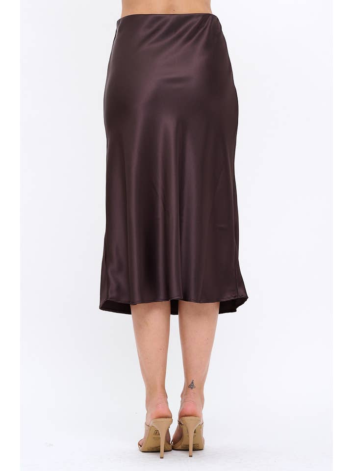 Brown Made in USA Solid Satin Midi Skirt for wholesale on Faire3