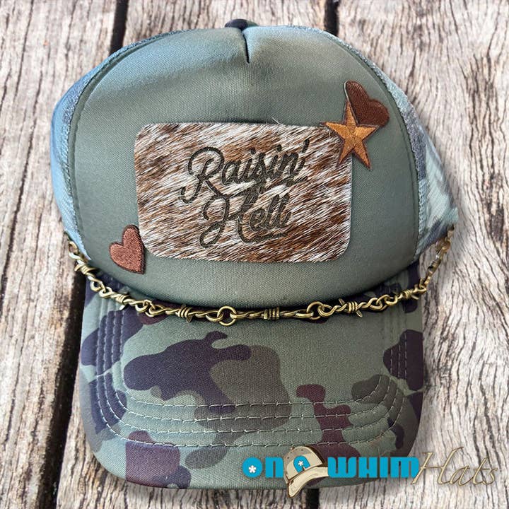 Raising Hell Handmade Trucker Hat w/ Cowhide Patch for wholesale by On a Whim Hats