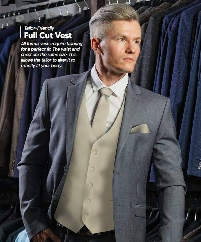 Dubal Brothers - Wholesale Suit Vest - Men's - Vittorio Farina Solid Satin Vest Set (White Back) Var. 01 (Beige-Maize)2