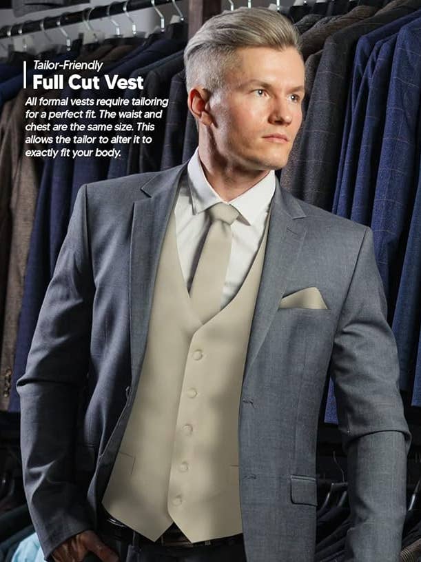 Dubal Brothers - Wholesale Suit Vest - Men's - Vittorio Farina Solid Satin Vest Set (White Back) Var. 01 (Beige-Maize)2