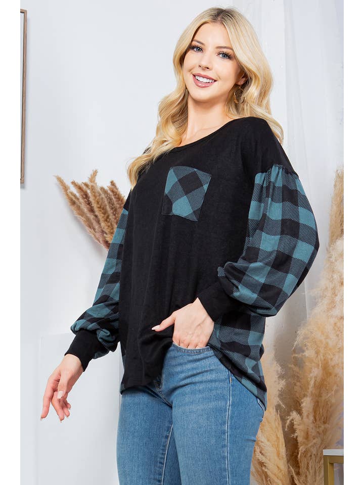 Orange Farm Clothing - Venta al por mayor Jersey de punto - Mujer - Jersey de manga acampanada a cuadros en contraste, tejido en 2 colores