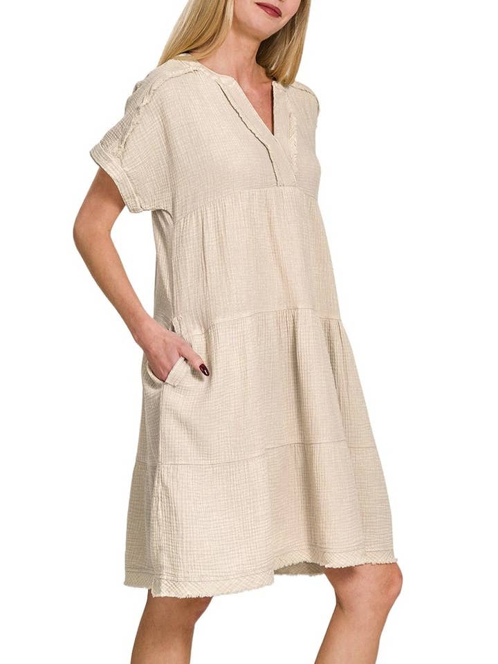 SAND BEIGE Washed Double Gauze Raw Edge V-neck Dress for wholesale on Faire