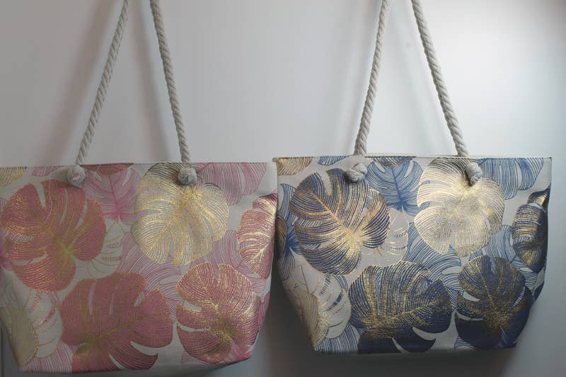 Western Counties Wholesale – Saco de praia por atacado – Saco de Praia com Folhas Coloridas e Folha Dourada em Azul e Rosa0