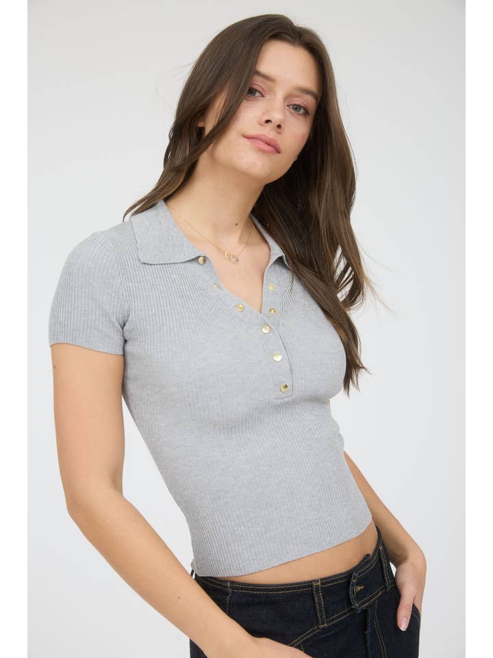 The Workshop Studio - Wholesale Knit Top - Women's - GOLD SNAP BUTTON SHORT SLEEVE SWEATER KNIT POLO