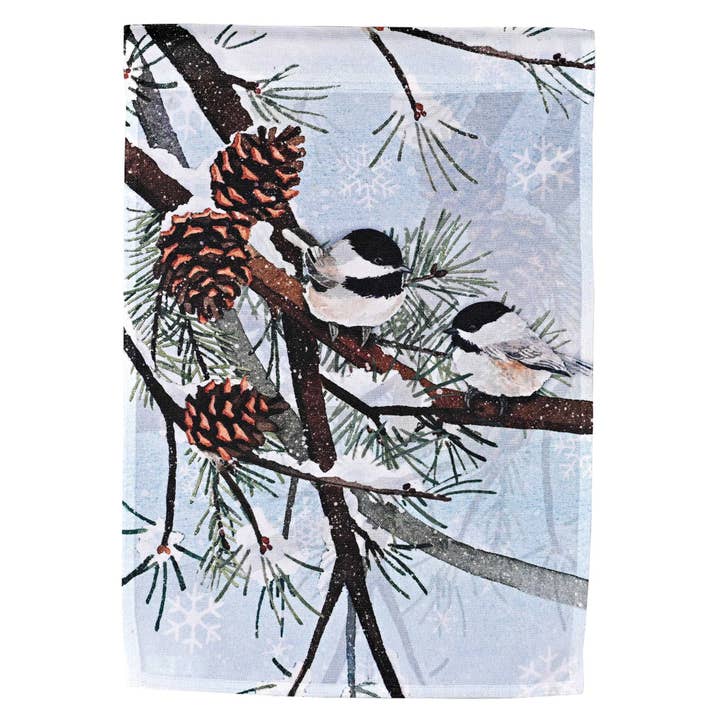 Garden Flag Blue Pines And Chickadees for wholesale by Magnolia