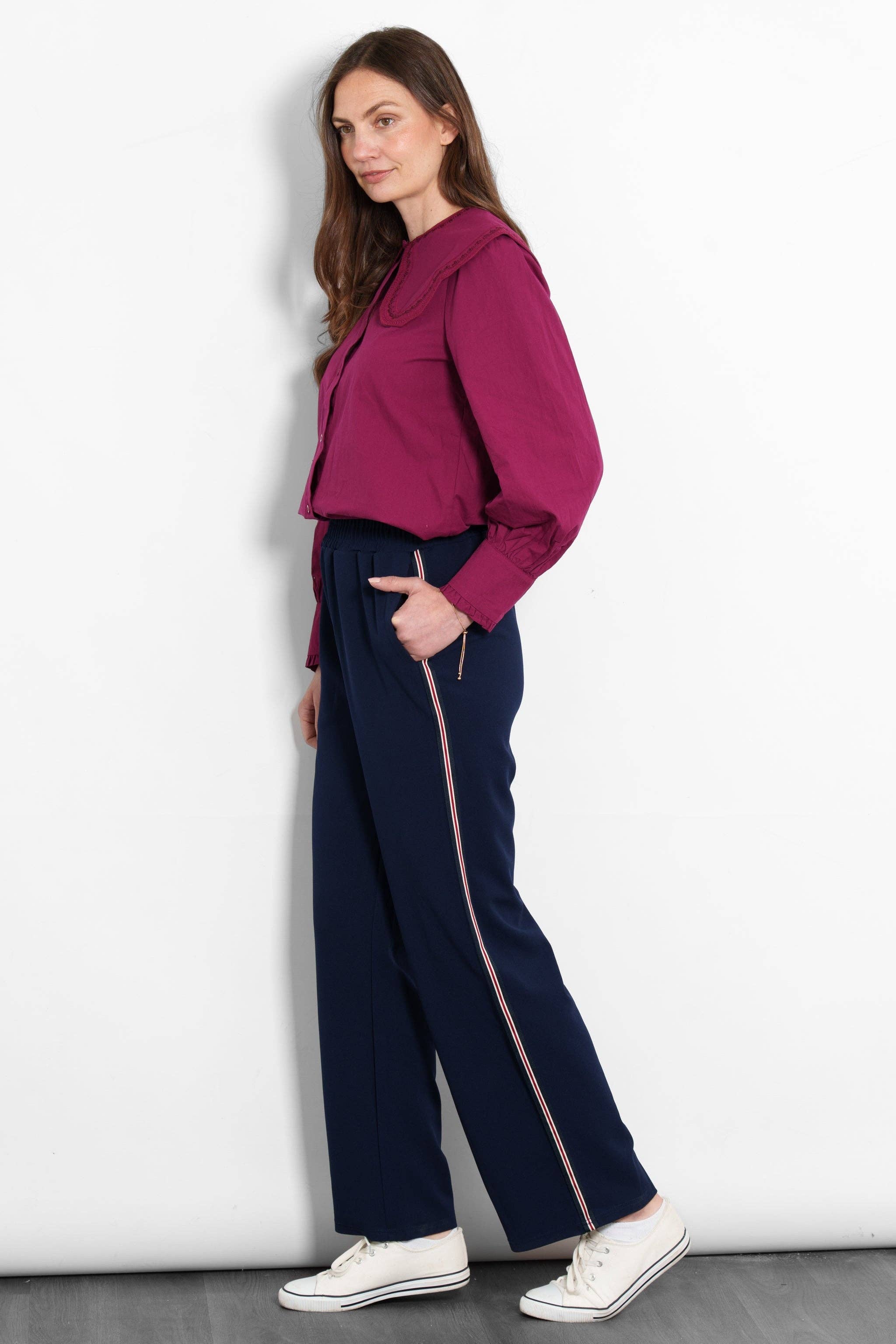 Sarta – wholesale Pants – Women's – Margot Wide Leg Trousers- Navy Blue/Red, Stripe1