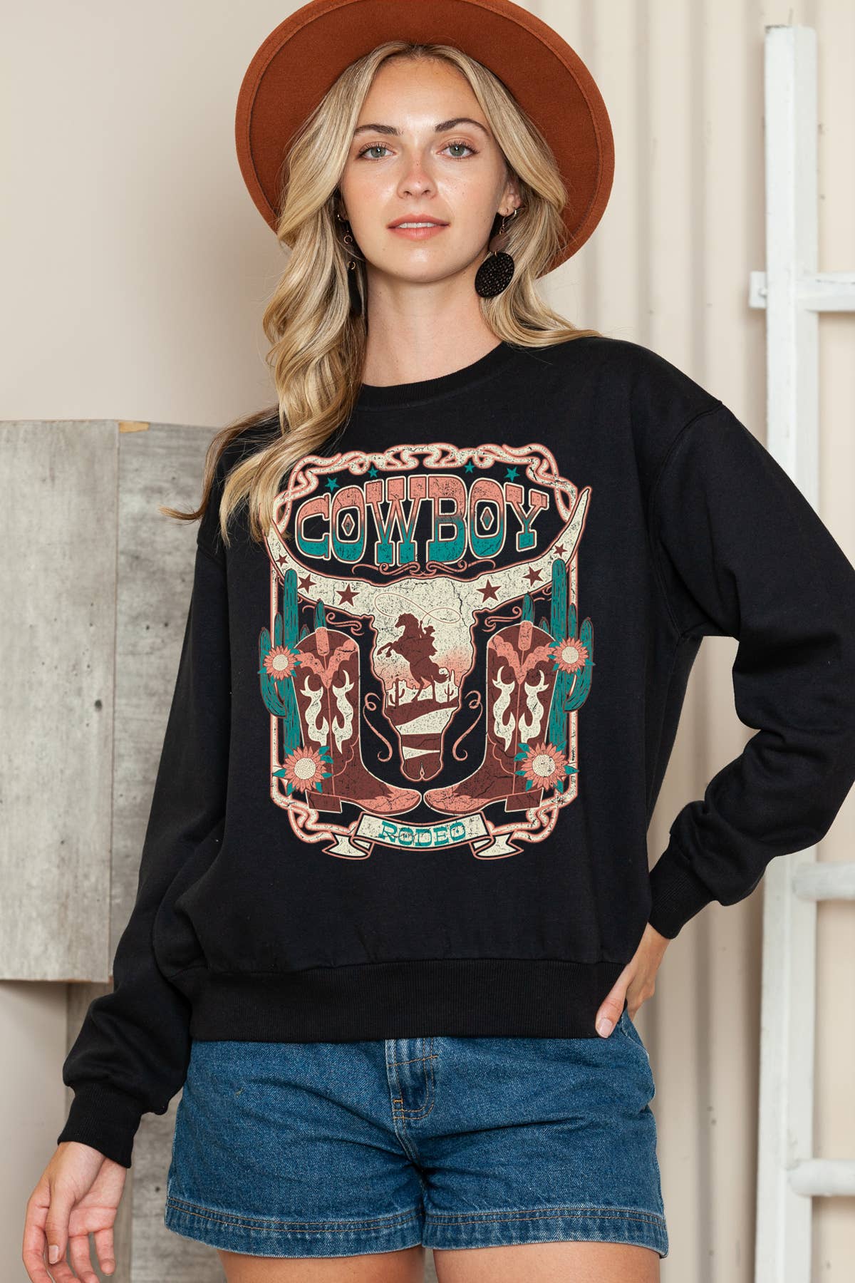 Amused by Blue – Großhandel Sweatshirt mit Grafikdruck – Damen – Damen Cowboy Rodeo Grafikdruck Pullover Sweater Top0
