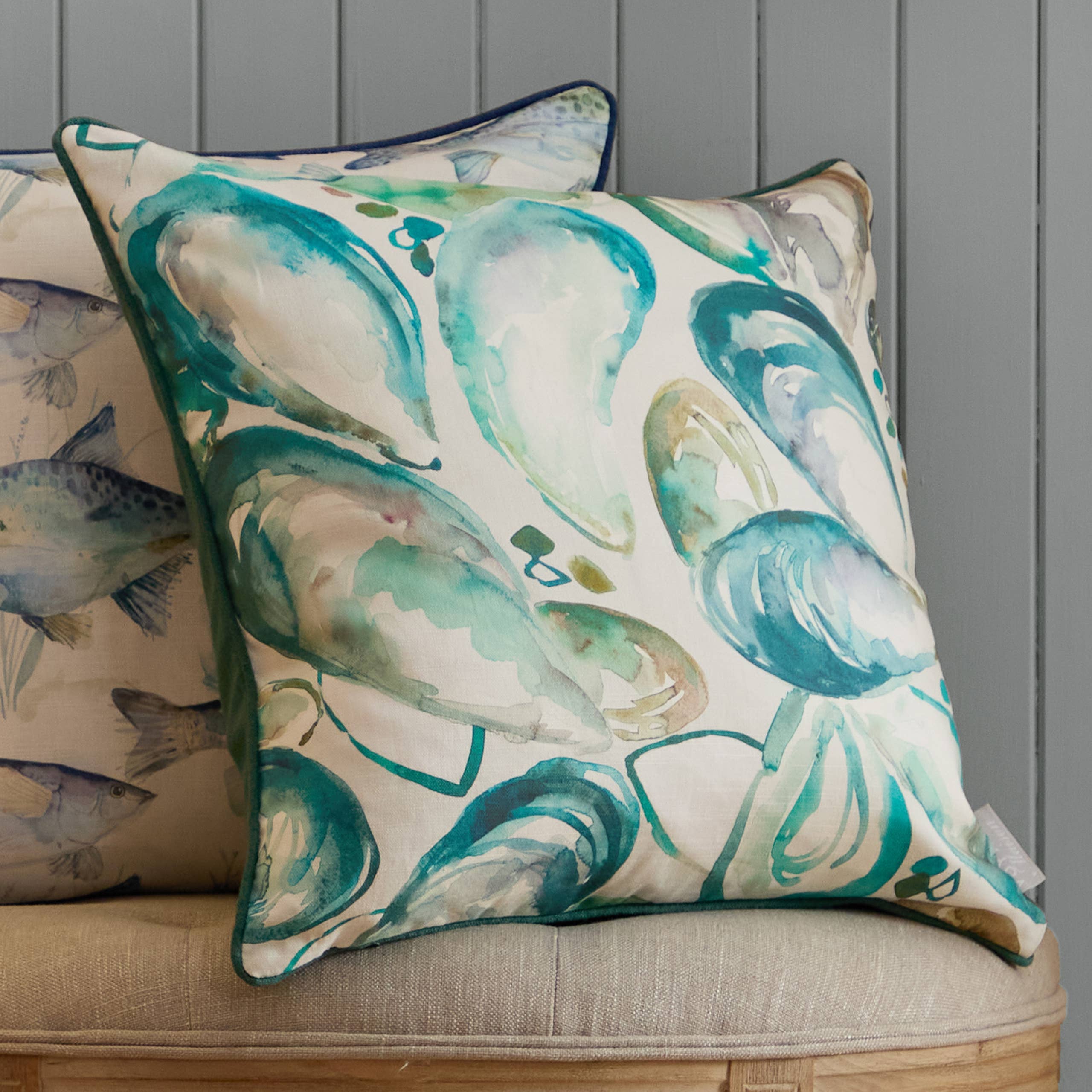Mussel Shells Printed Piped Cushion Marine for wholesale on Faire0